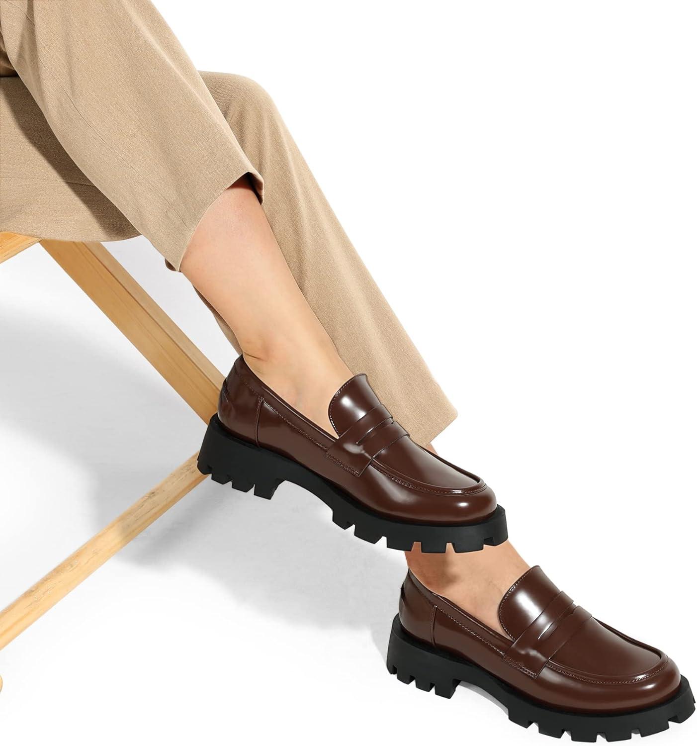 imageDREAM PAIRS Womens Loafers Lug Sole Slip On Platform Chunky Penny Loafers for Women Dressy and Work Business Casual Shoes for WomenBrownpat