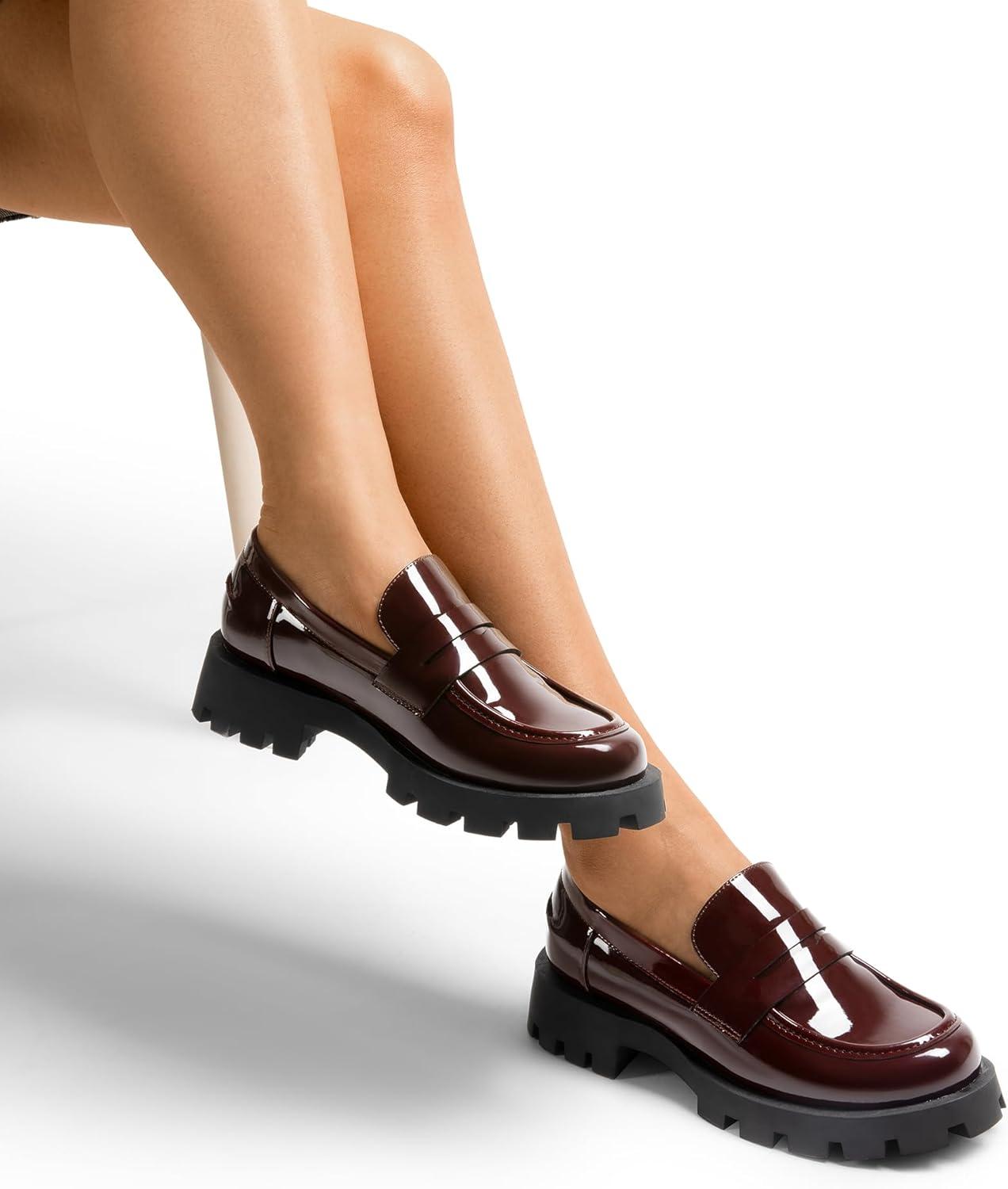 imageDREAM PAIRS Womens Loafers Lug Sole Slip On Platform Chunky Penny Loafers for Women Dressy and Work Business Casual Shoes for WomenBurgundypat