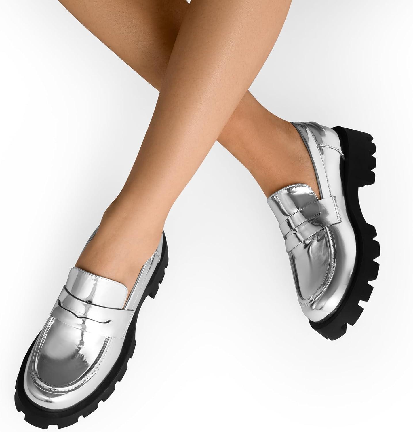 imageDREAM PAIRS Womens Loafers Lug Sole Slip On Platform Chunky Penny Loafers for Women Dressy and Work Business Casual Shoes for WomenSilverpat