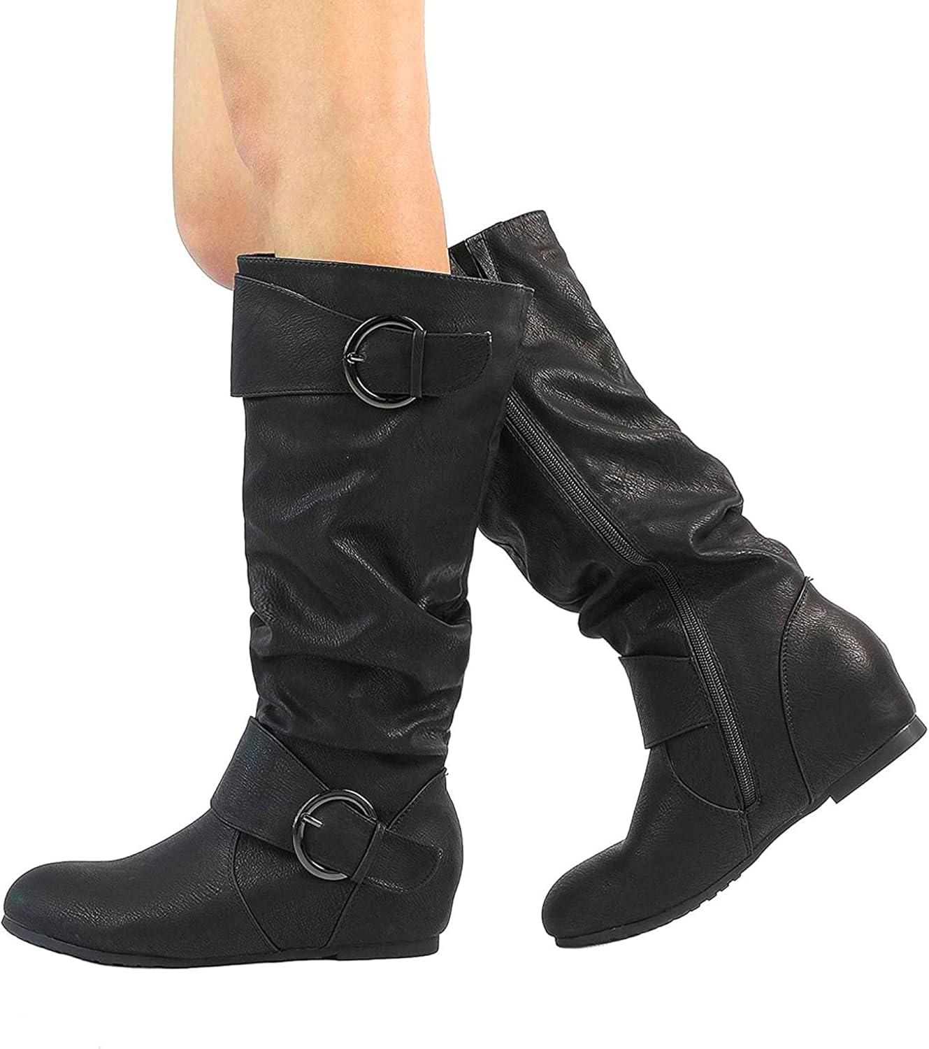 imageDREAM PAIRS Womens Wide Calf Knee High Boots Furlined Low Hidden Wedge BootsBlack