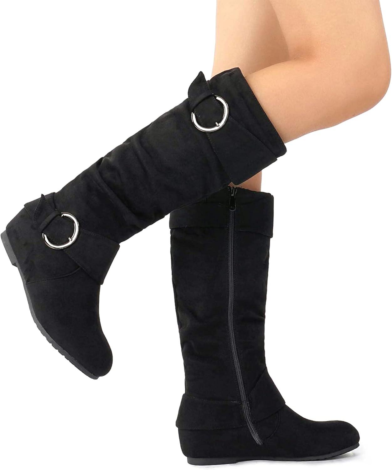 imageDREAM PAIRS Womens Wide Calf Knee High Boots Furlined Low Hidden Wedge BootsBlackSuede