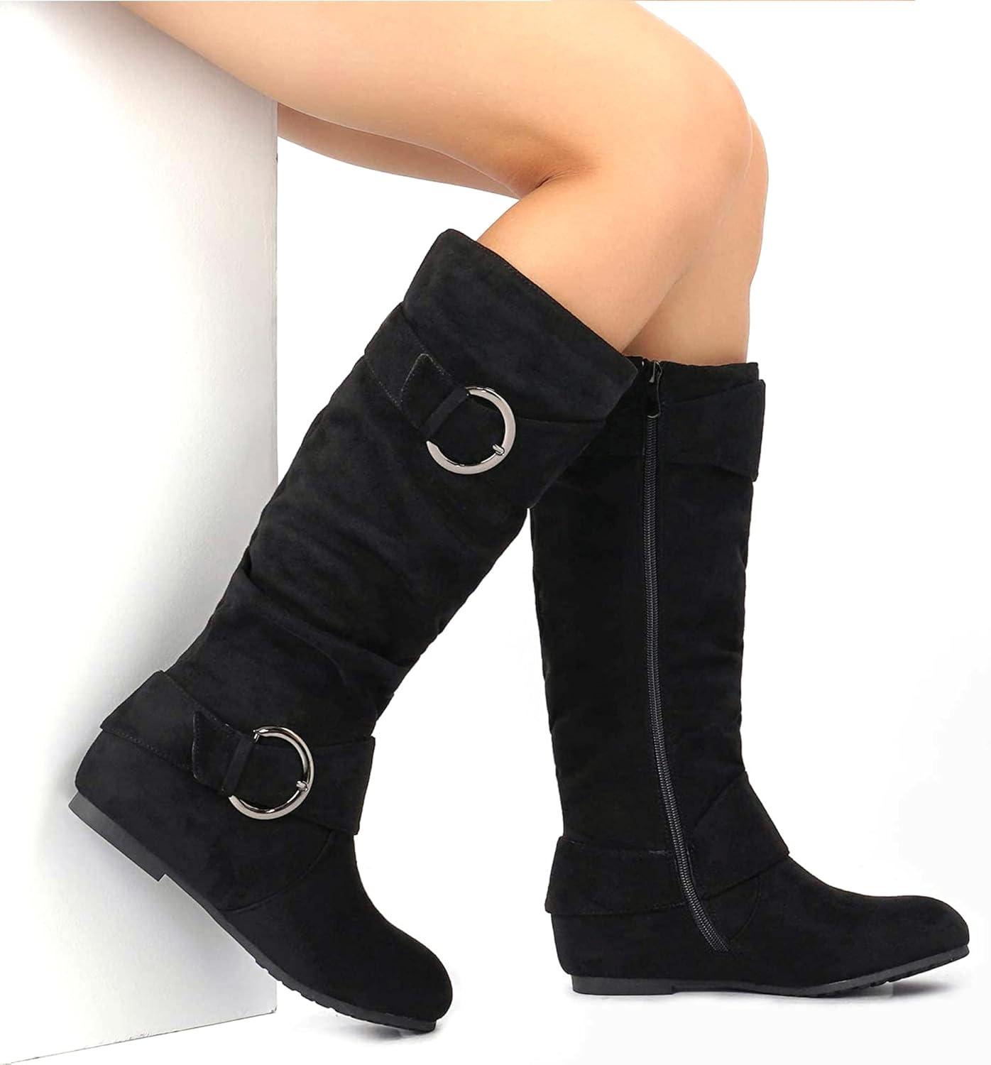 imageDREAM PAIRS Womens Wide Calf Knee High Boots Furlined Low Hidden Wedge BootsBlackSuede