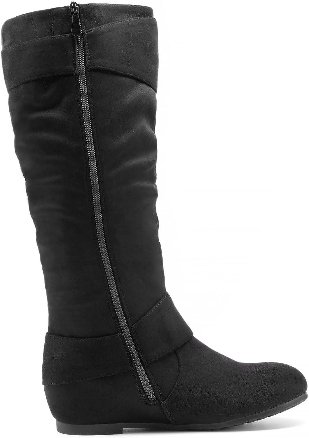 imageDREAM PAIRS Womens Wide Calf Knee High Boots Furlined Low Hidden Wedge BootsBlackSuede