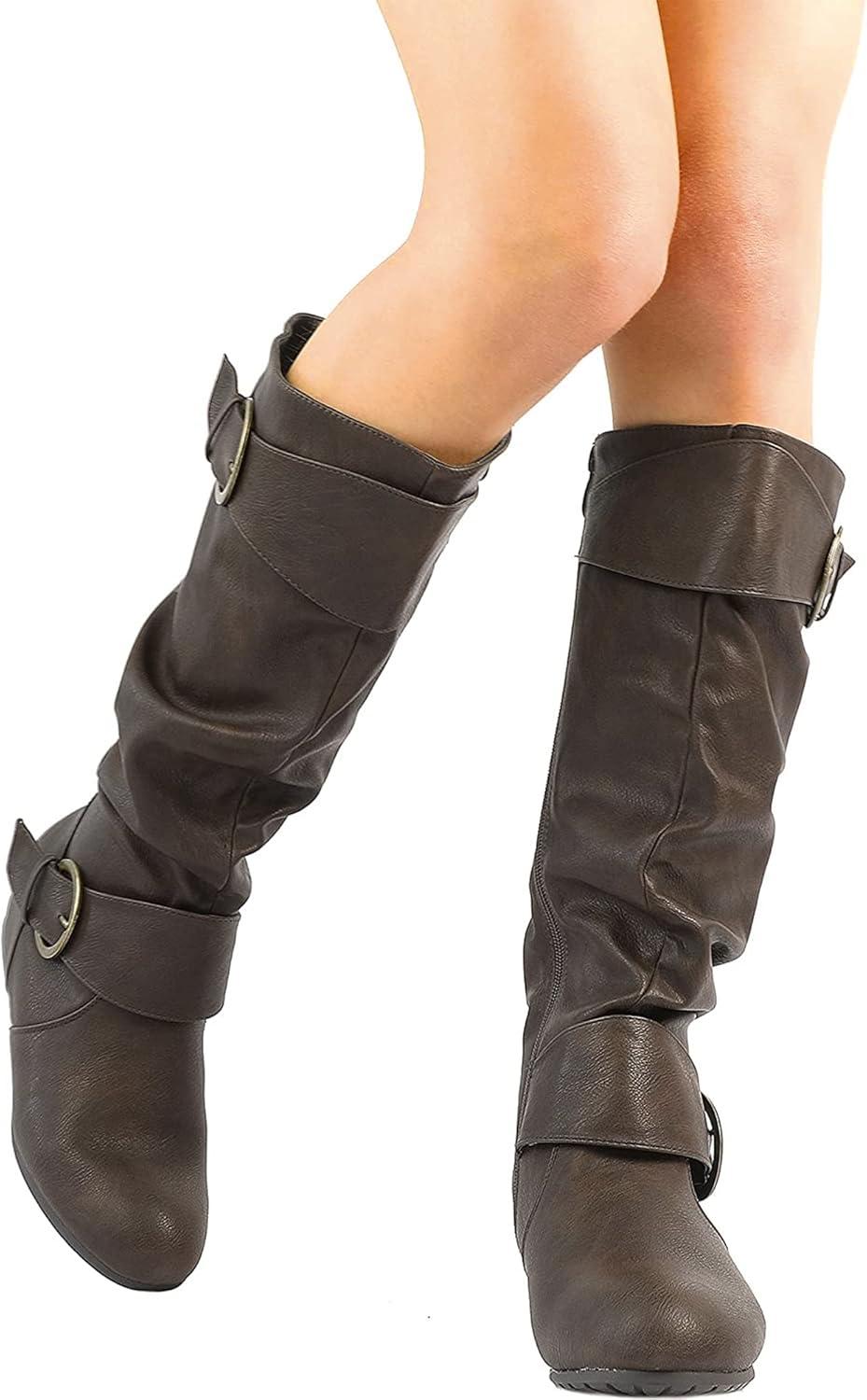 imageDREAM PAIRS Womens Wide Calf Knee High Boots Furlined Low Hidden Wedge BootsBrown