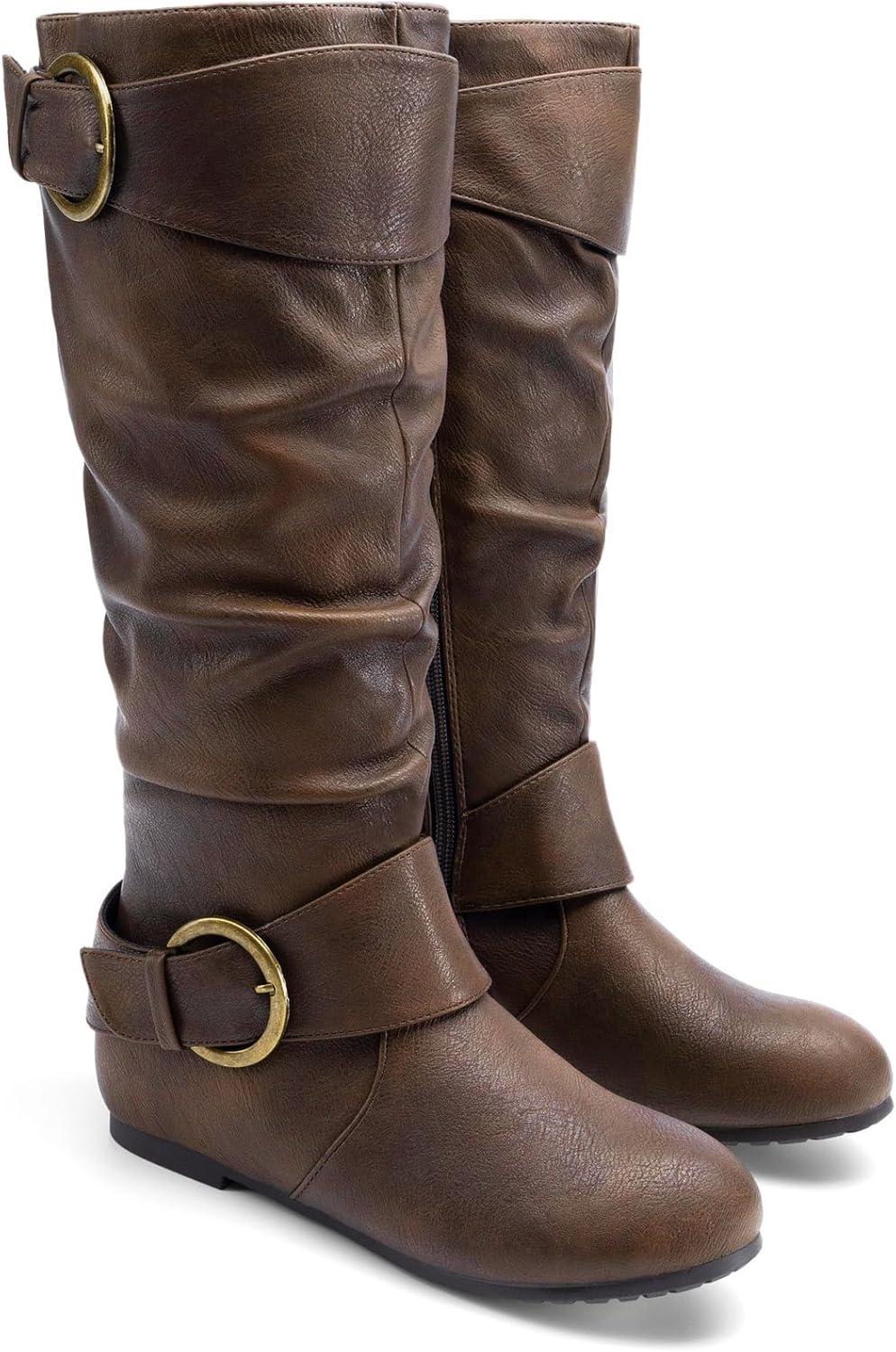 imageDREAM PAIRS Womens Wide Calf Knee High Boots Furlined Low Hidden Wedge BootsBrown