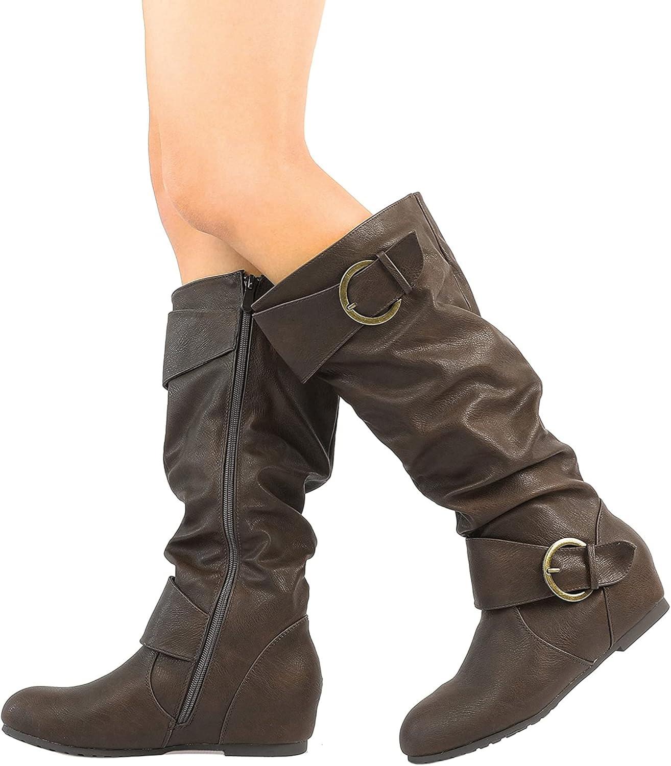 imageDREAM PAIRS Womens Wide Calf Knee High Boots Furlined Low Hidden Wedge BootsBrown