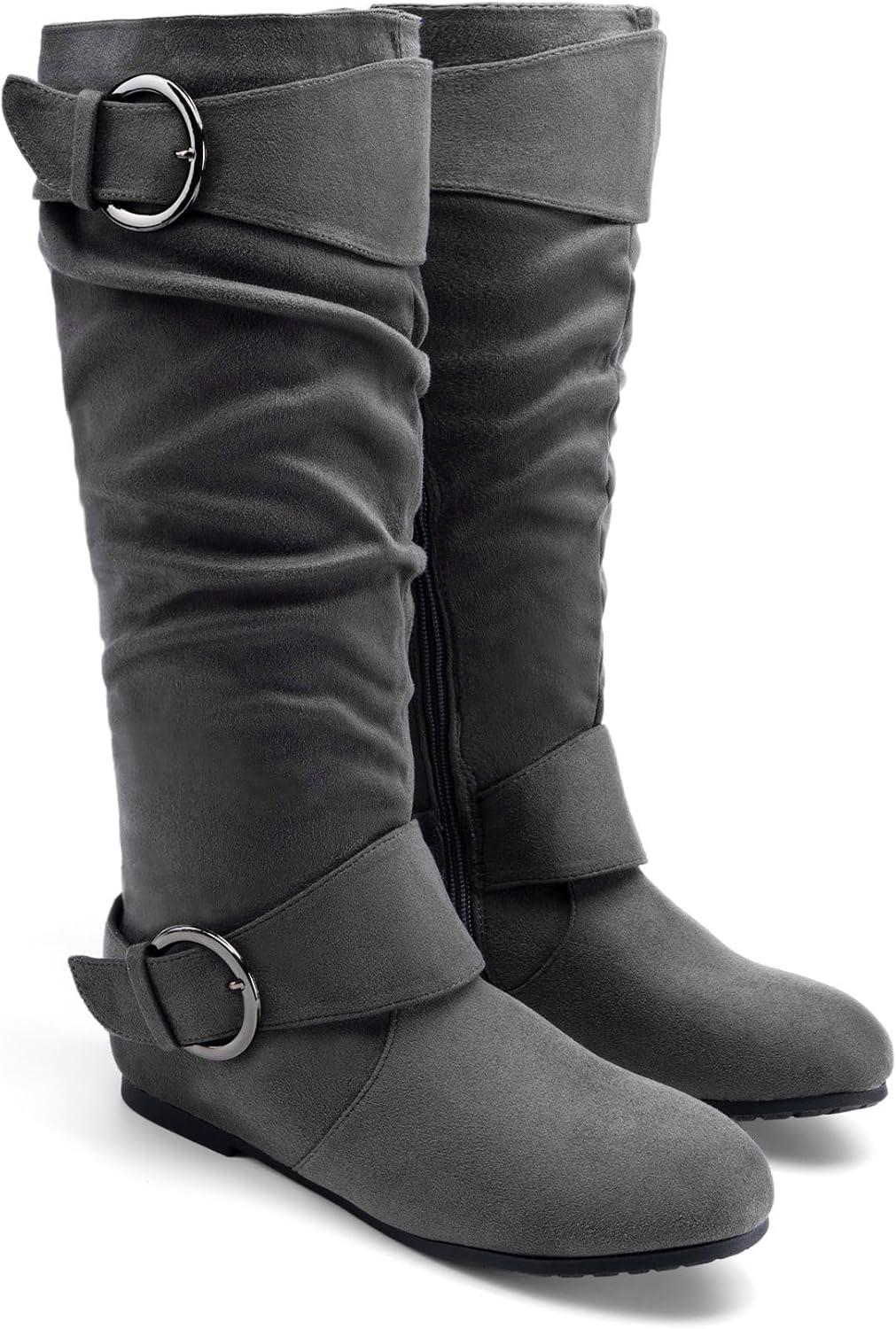 imageDREAM PAIRS Womens Wide Calf Knee High Boots Furlined Low Hidden Wedge BootsGrey SuedeWide Calf
