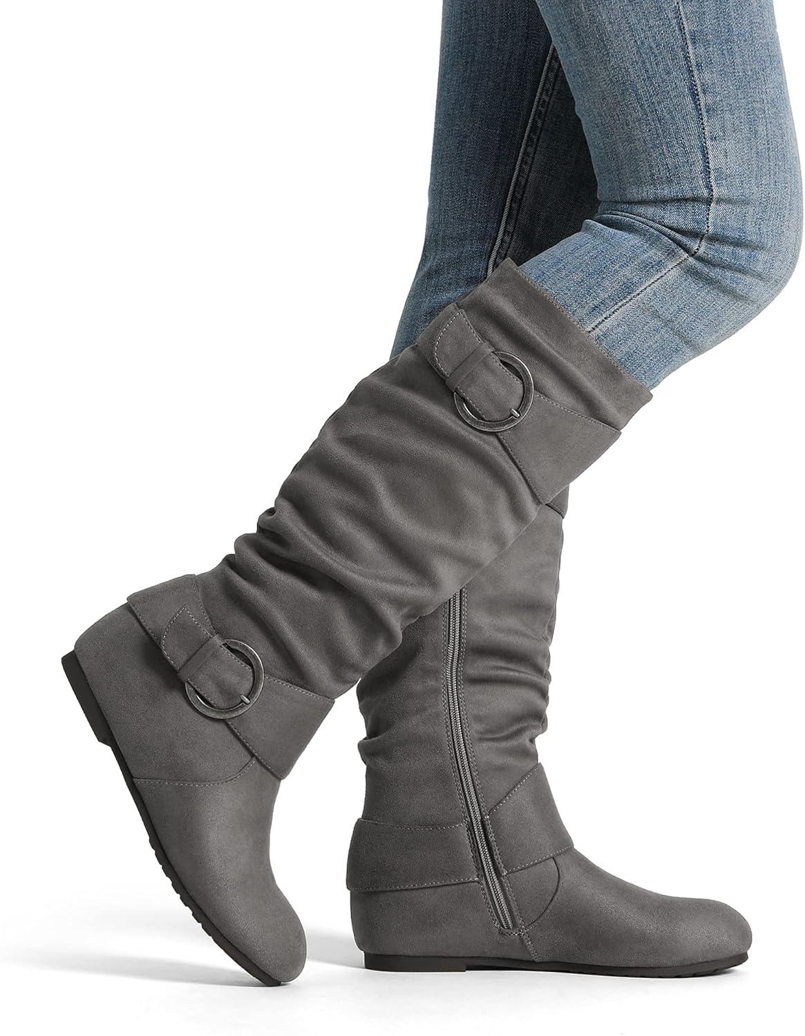 imageDREAM PAIRS Womens Wide Calf Knee High Boots Furlined Low Hidden Wedge BootsGrey SuedeWide Calf
