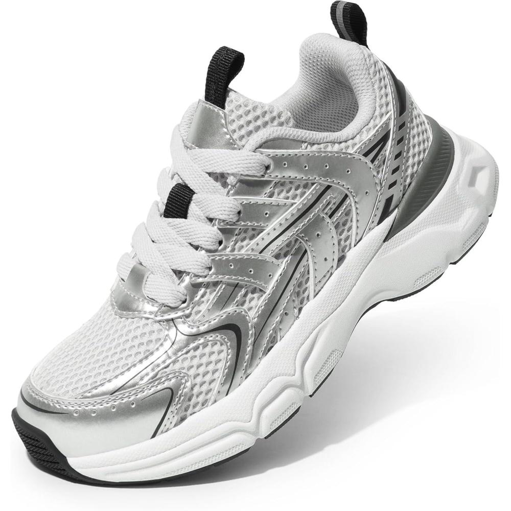 imageDREAM PAIRS Boys Girls Kids Sneakers Tennis Running Shoes Laceup Unisex LilLegends Lightweight Breathable Walking ShoesSilver