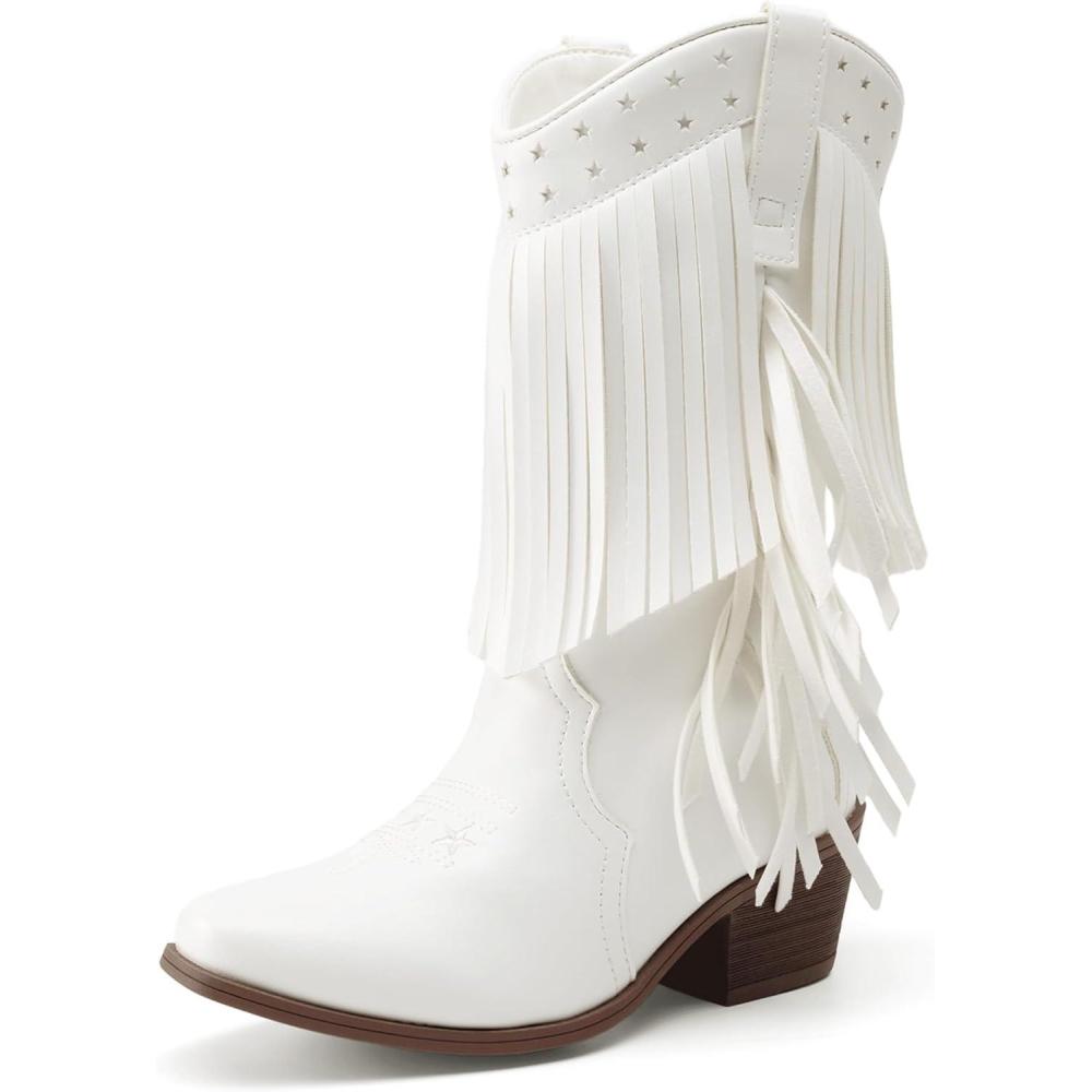 imageDREAM PAIRS Girls Cowboy Boots with Tassel Fringe Cowgirl Boots Kids Western Boots Stylish ampamp ComfortableWhite