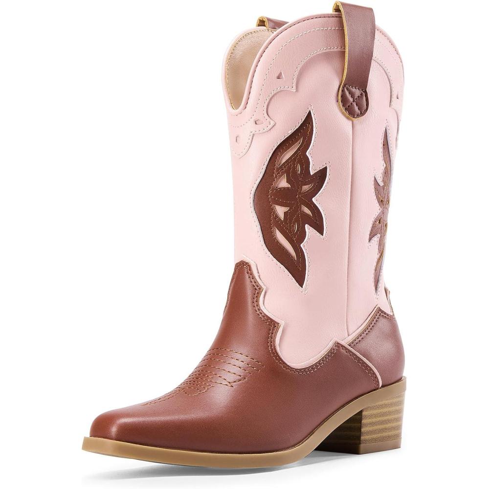 imageDREAM PAIRS Girls Cowgirl Cowboy Boots Western Fashion Mid Calf BootsPinkBrown