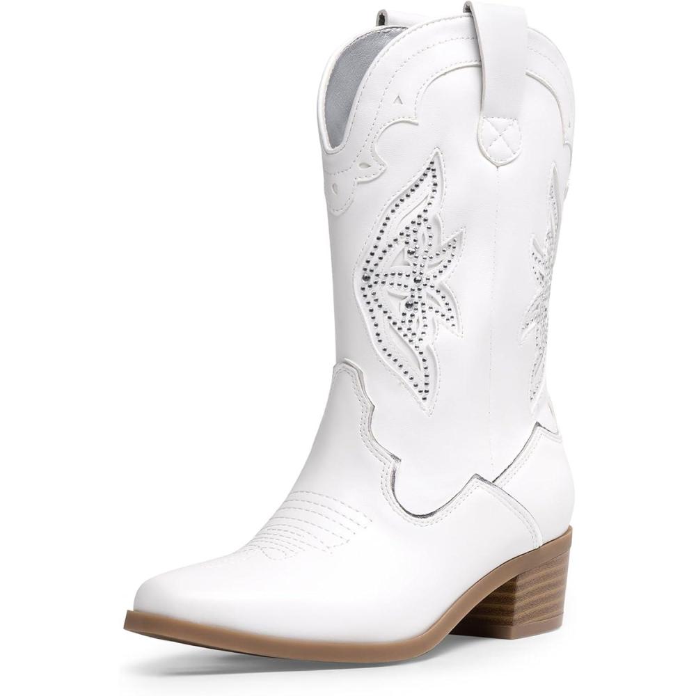 imageDREAM PAIRS Girls Cowgirl Cowboy Boots Western Fashion Mid Calf BootsWhite