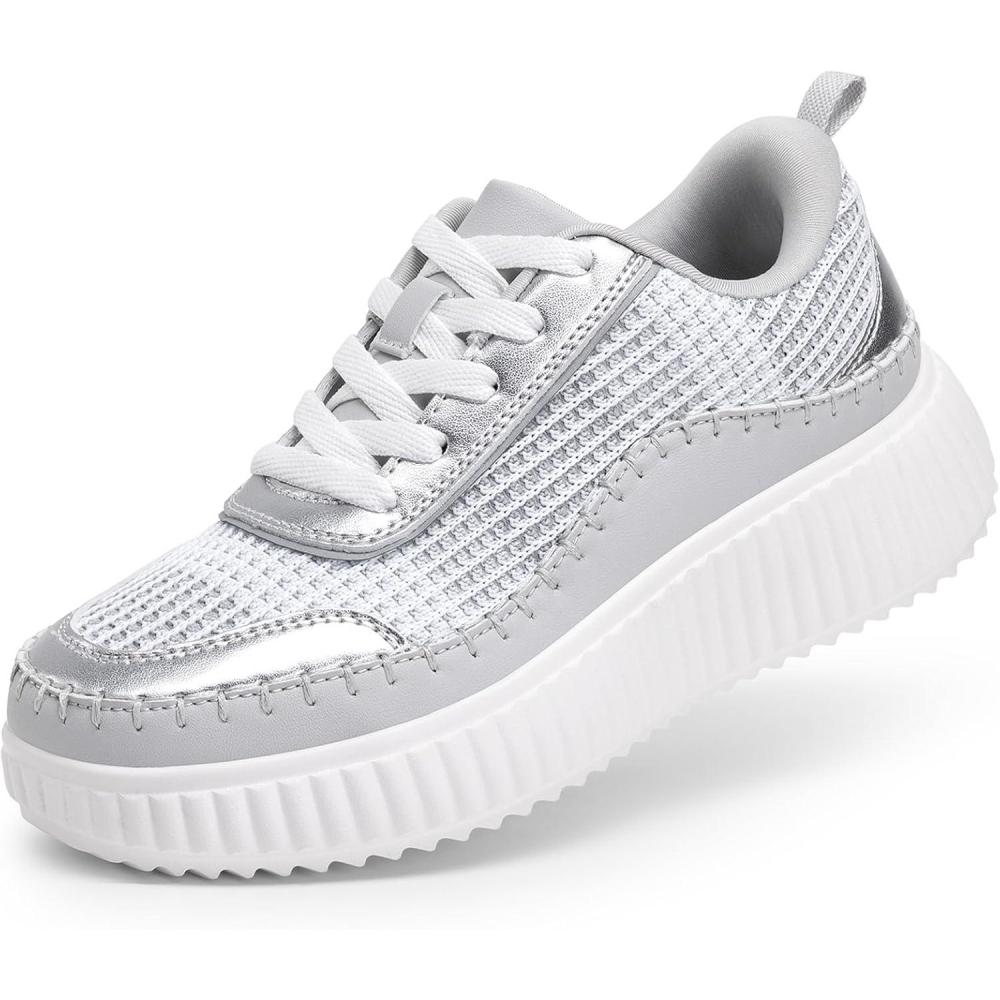imageDREAM PAIRS Girls Fashion Sneakers Tennis Shoes Kids Platform Lightweight Lace Up Casual Walking ShoesSilver