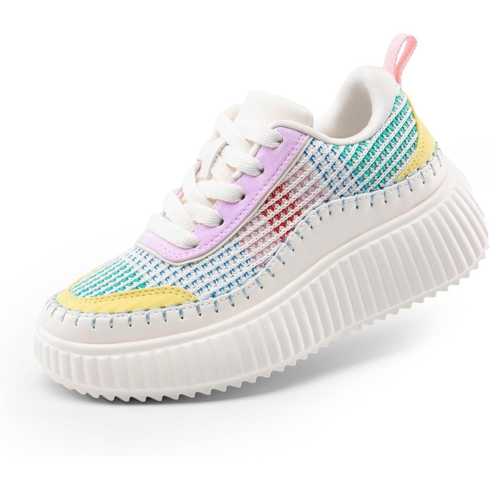 imageDREAM PAIRS Girls Fashion Sneakers Tennis Shoes Kids Platform Lightweight Lace Up Casual Walking ShoesWhiteRainbowpu