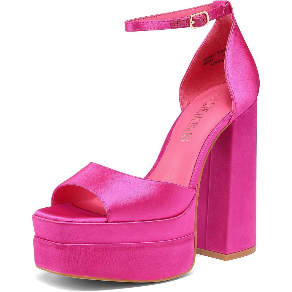 imageDREAM PAIRS High Heels Chunky Block Platform Heels for Women Ankle Strap Sexy Open Square Toe Heels Dressy Pumps SandalsHot Pinksatin