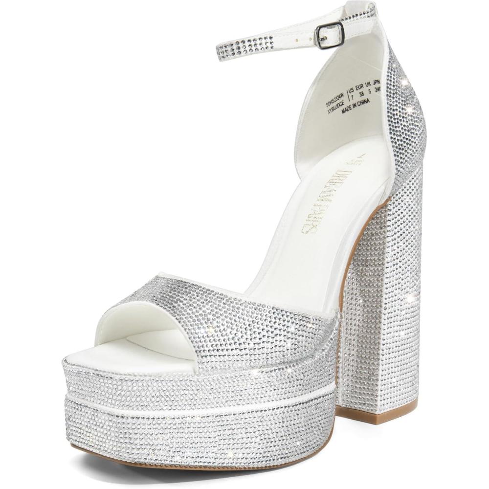 imageDREAM PAIRS High Heels Chunky Block Platform Heels for Women Ankle Strap Sexy Open Square Toe Heels Dressy Pumps SandalsWhiterhinestone