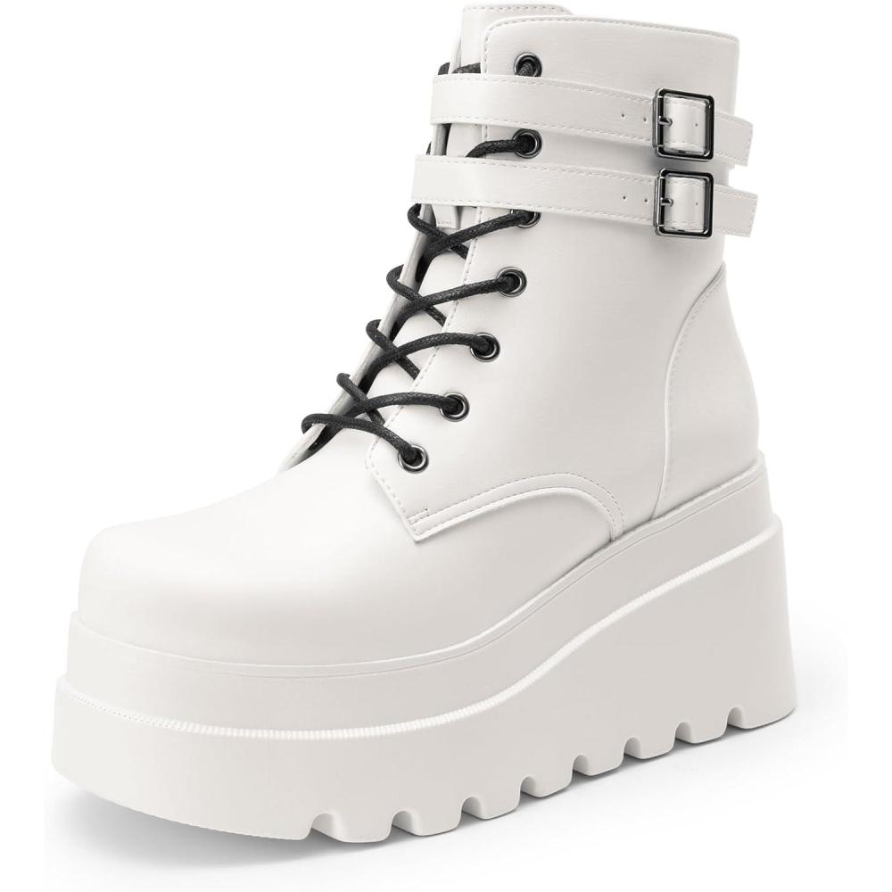imageDREAM PAIRS Women Platform Combat Ankle Boots Goth Chunky High Heel Lace Up Motorcycle BootiesWhite