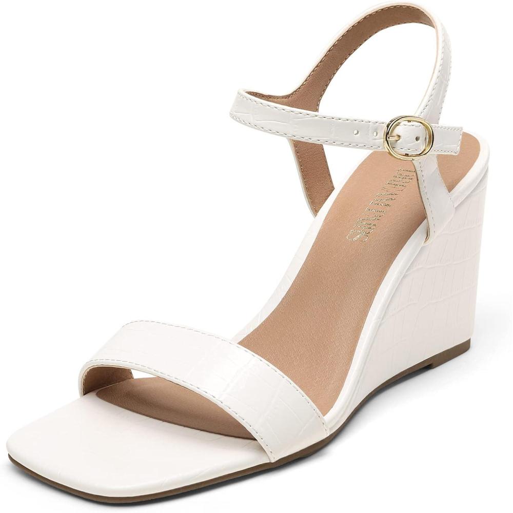 imageDREAM PAIRS Womens Casual Dressy Wedge Sandals Cute Square Toe and Buckle Ankle Strappy Slingback Wedding ShoesSdpw224w White Size 8