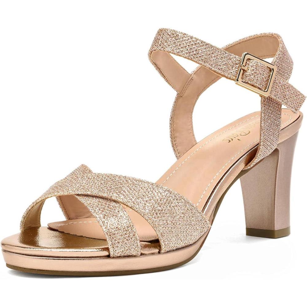 imageDREAM PAIRS Womens Chunky Heels Open Toe Ankle Strap Sparkly Heels Pump SandalsChampagneGlitter