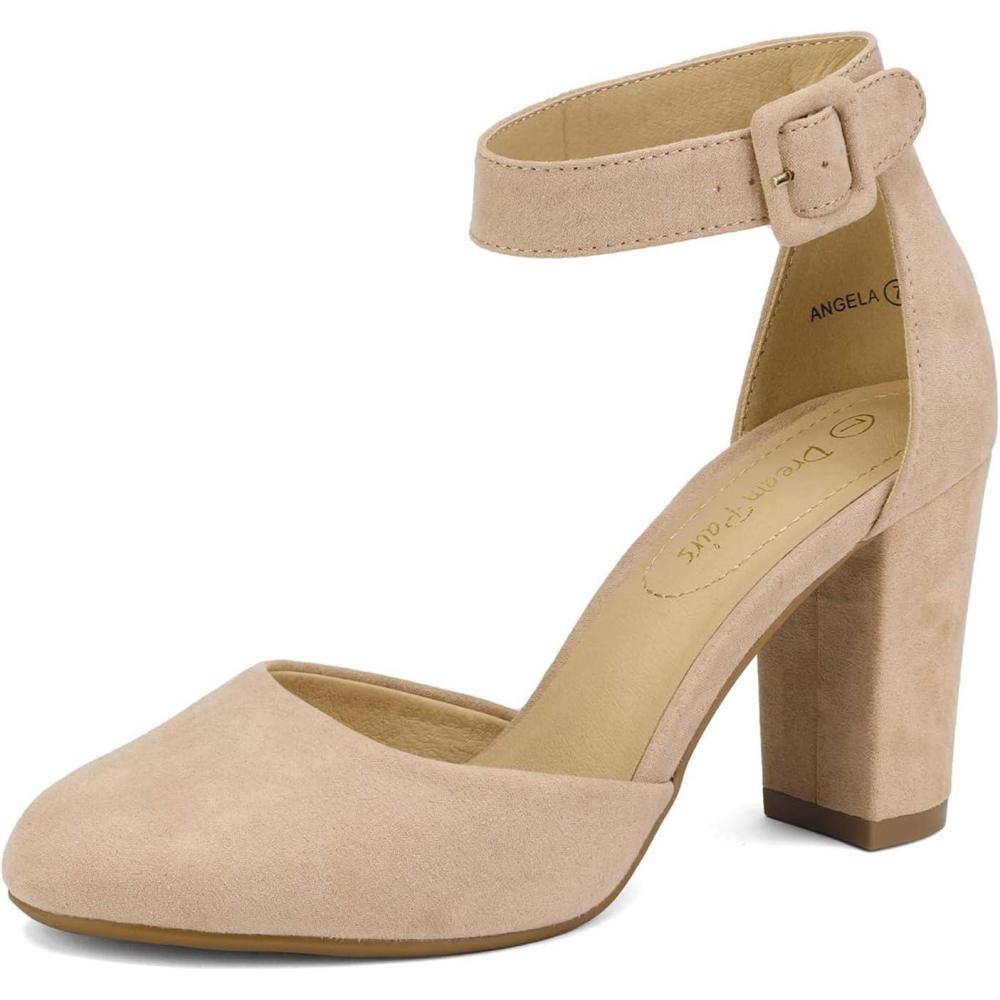 imageDREAM PAIRS Womens High Heel Ankle Strap Closed Toe Chunky Wedding Pumps ShoesNudeSuede
