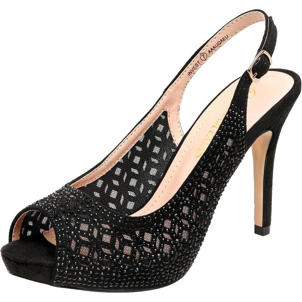 imageDREAM PAIRS Womens High Heels Platform Dress Rhinestones Peep Toe Pumps ShoesBlackSuede