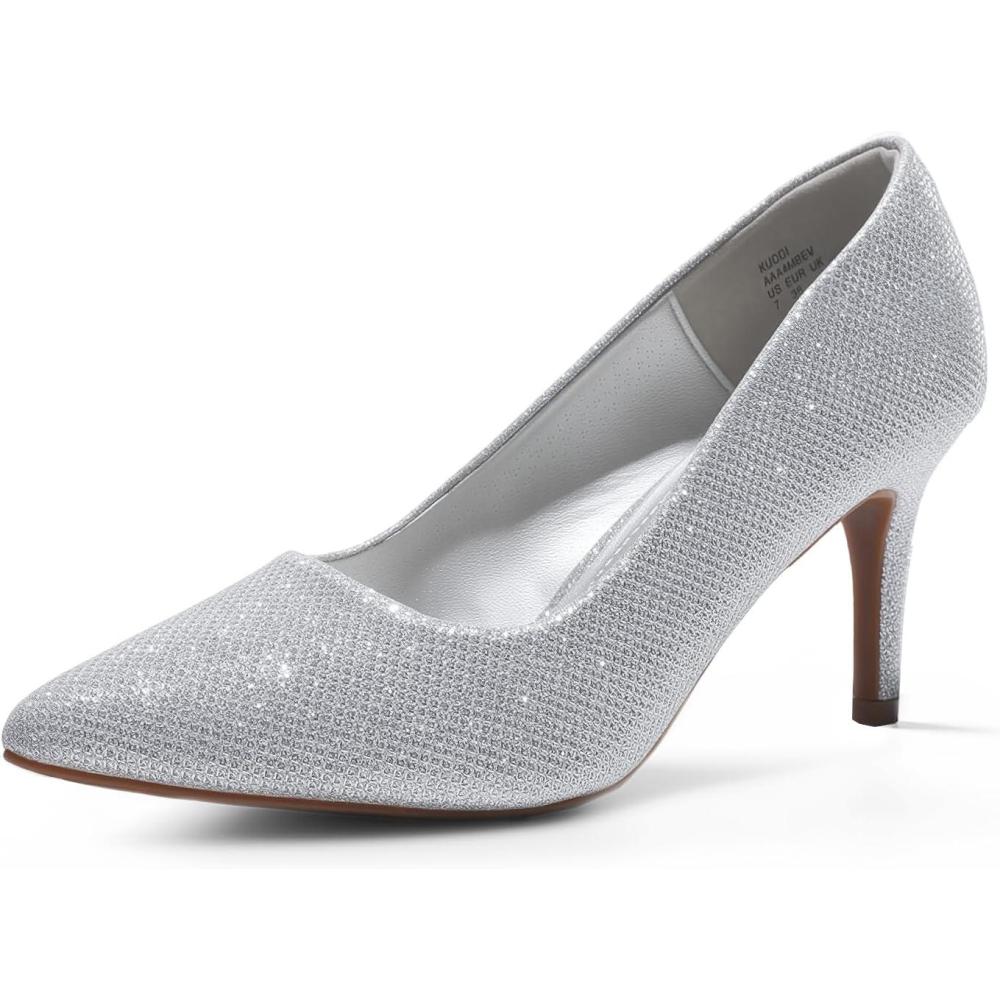 imageDREAM PAIRS Womens High Stiletto Heels Closed Pointed Toe Dress Pumps Shoes for Wedding Work Office Business 3 InchesSilverGlitter