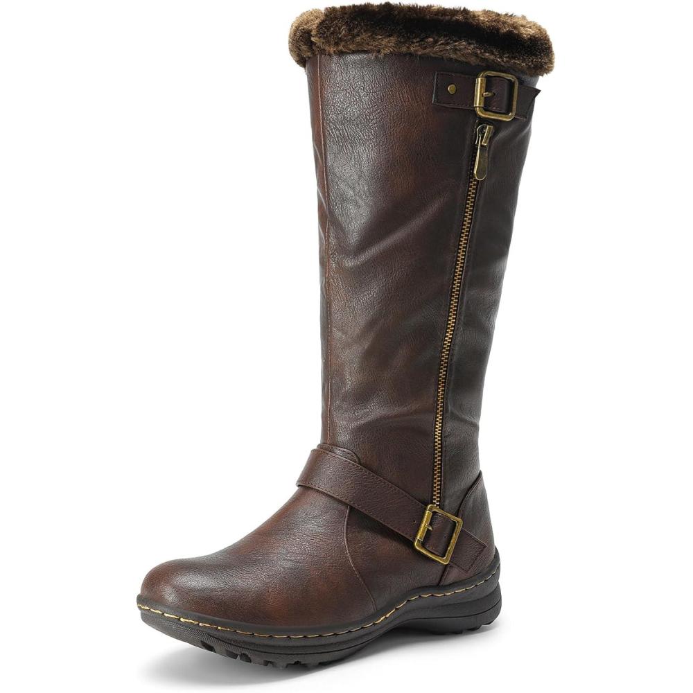 imageDREAM PAIRS Womens Knee High Boots Thick Faux Fur Lined Winter Snow Warm Boots with ZipperBrownPu