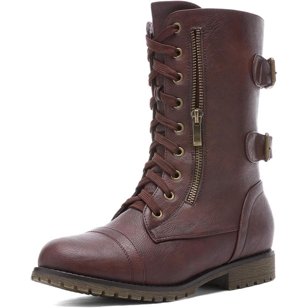 imageDREAM PAIRS Womens Mid Calf Builtin Wallet Pocket Lace up Military Combat BootsBurgundy