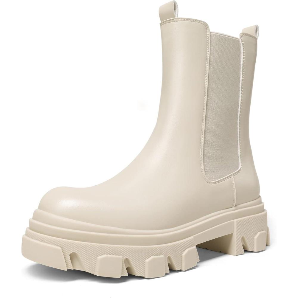 imageDREAM PAIRS Womens Platform Chelsea Boots Lug Sole Combat Mid Calf Slip On Chunky Ankle BootiesBeigeWhitePu