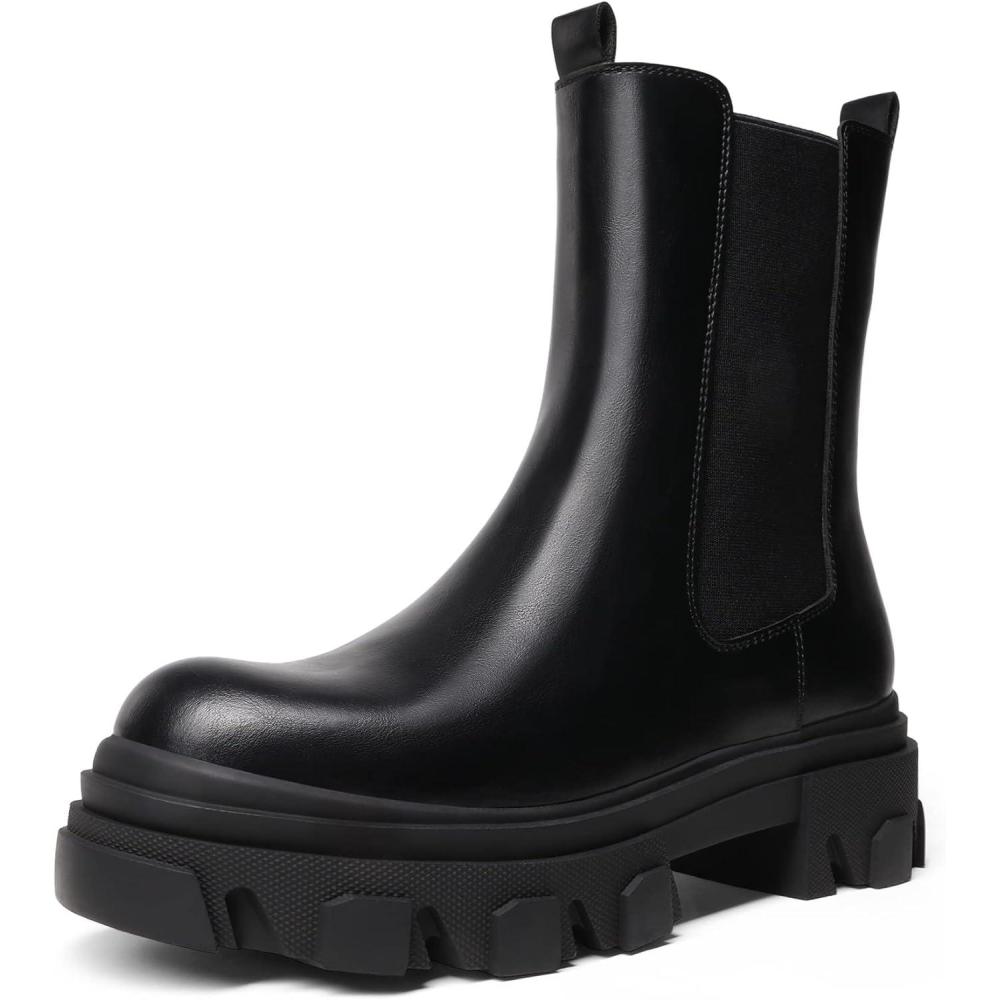 imageDREAM PAIRS Womens Platform Chelsea Boots Lug Sole Combat Mid Calf Slip On Chunky Ankle BootiesBlackPu