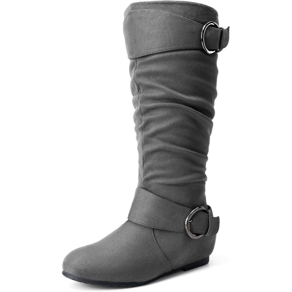 imageDREAM PAIRS Womens Wide Calf Knee High Boots Furlined Low Hidden Wedge BootsGrey SuedeWide Calf