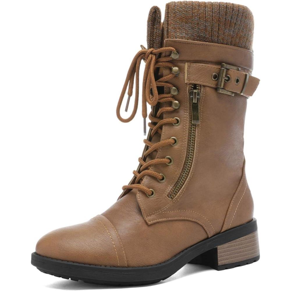 imageDREAM PAIRS Womens Winter Lace up Mid Calf Combat Riding Military BootsCamel