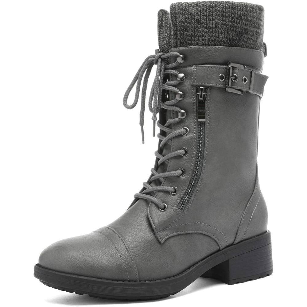 imageDREAM PAIRS Womens Winter Lace up Mid Calf Combat Riding Military BootsGrey
