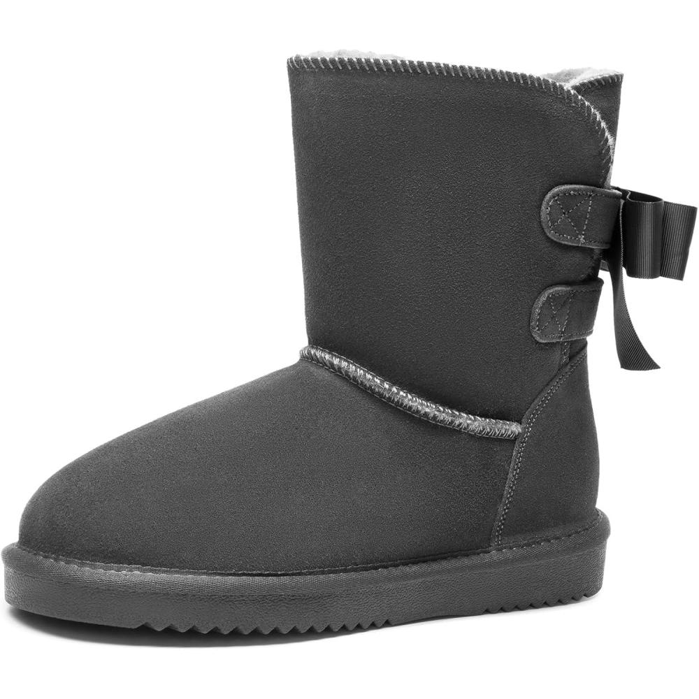 imageDREAM PAIRS Womens Winter Snow Boots FuzzyChic Bow Genuine Suede Leather Faux Fur Lining Memory Foam Warm Winter Short Booties for Outdoor IndoorGrey