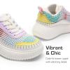 DREAM PAIRS Girls Fashion Sneakers Tennis Shoes Kids Platform Lightweight Lace Up Casual Walking Shoes(White/Rainbow-pu)