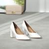 DREAM PAIRS Women’s High Chunky Closed Toe Block Heels Pointed Toe Wedding Party Elegant Slip On Pumps Shoes(White/Pu)