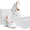 DREAM PAIRS Women’s High Chunky Platform Closed Toe Block Heels Square Toe Ankle Strap Dress Wedding Party Pumps Shoes Aurelia(White-satin)