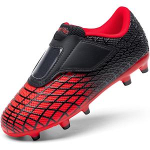 DREAM PAIRS Boys Girls Soccer Cleats Firm Ground Kids Youth Athletic Outdoor Football Shoes(Red/Black)