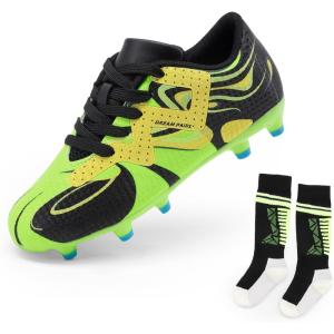 DREAM PAIRS Boys Girls Soccer Cleats Youth Firm Groud Sport Football Cleats with Soccer Socks for Little/Big Kid/Toddler(Neon Green/Black)