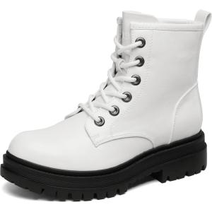 DREAM PAIRS Combat Boots Ankle Booties Lace-up Platform Side Zipper Lug Sole Boots(White)