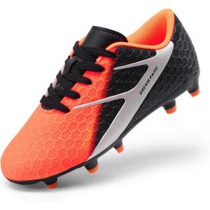 DREAM PAIRS Girls Boys Soccer Cleats Kids Firm Groud Football Toddler Youth Athletic Outdoor Training Shoes for Little/Big Kid(Black/Orange)