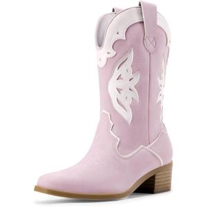 DREAM PAIRS Girls Cowgirl Cowboy Boots Western Fashion Mid Calf Boots(Light Purple)