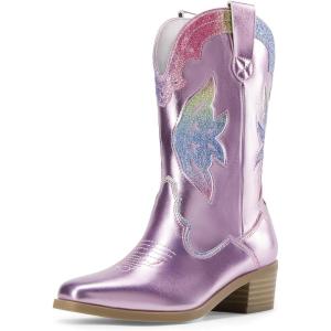 DREAM PAIRS Girls Cowgirl Cowboy Boots Western Fashion Mid Calf Boots(Pink/Rainbow)