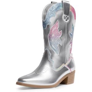DREAM PAIRS Girls Cowgirl Cowboy Boots Western Fashion Mid Calf Boots(Silver)