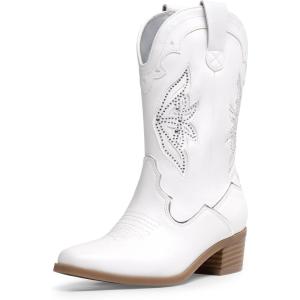 DREAM PAIRS Girls Cowgirl Cowboy Boots Western Fashion Mid Calf Boots(White)