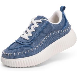 DREAM PAIRS Girls Fashion Sneakers Tennis Shoes Kids Platform Lightweight Lace Up Casual Walking Shoes(Denim Blue)