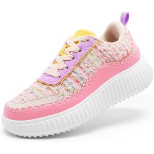 DREAM PAIRS Girls Fashion Sneakers Tennis Shoes Kids Platform Lightweight Lace Up Casual Walking Shoes(Pink)