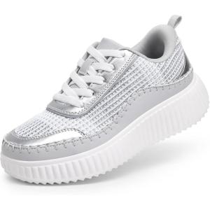 DREAM PAIRS Girls Fashion Sneakers Tennis Shoes Kids Platform Lightweight Lace Up Casual Walking Shoes(Silver)