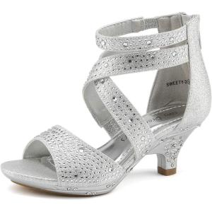 DREAM PAIRS Girls Sandals Low Heel Dress Pump Sandals(Silver-2)