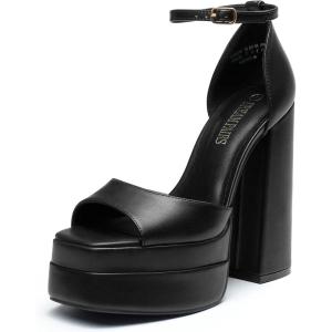 DREAM PAIRS High Heels Chunky Block Platform Heels for Women Ankle Strap Sexy Open Square Toe Heels Dressy Pumps Sandals(Black)